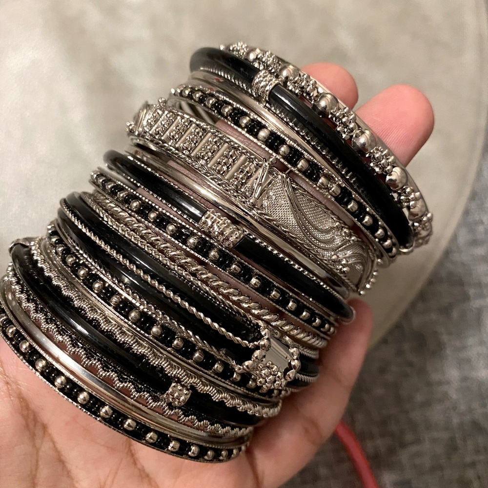 Amrita Singh Black Silver Bangles Stack Size 6